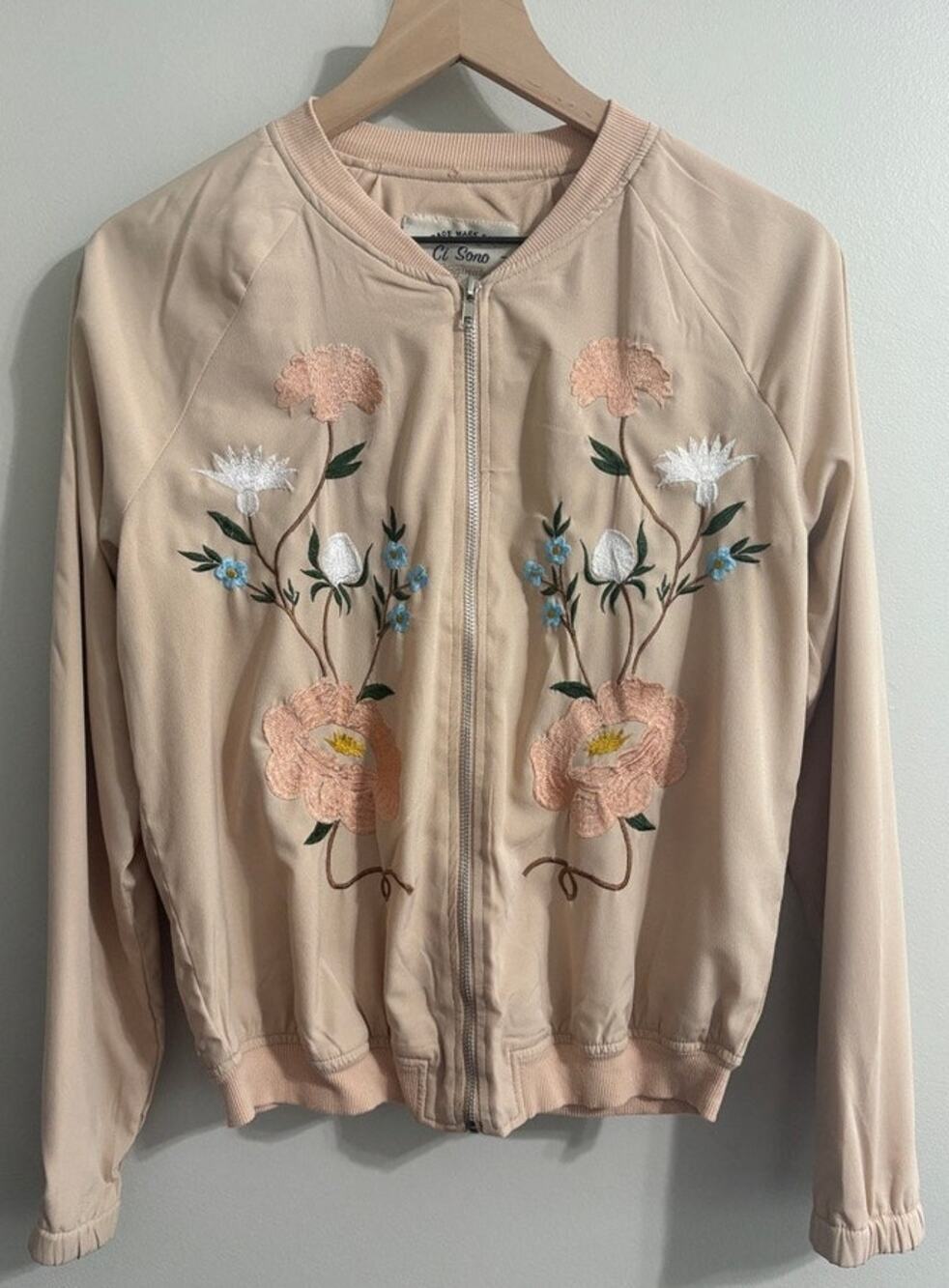 Ci Sono Original Embroidered Floral Full-Zip Bomber Jacket Blush Medium